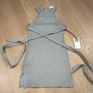 Privacy Please Gray Mini Ribbed Cotton Bodycon Dress With Wrap Ties M
